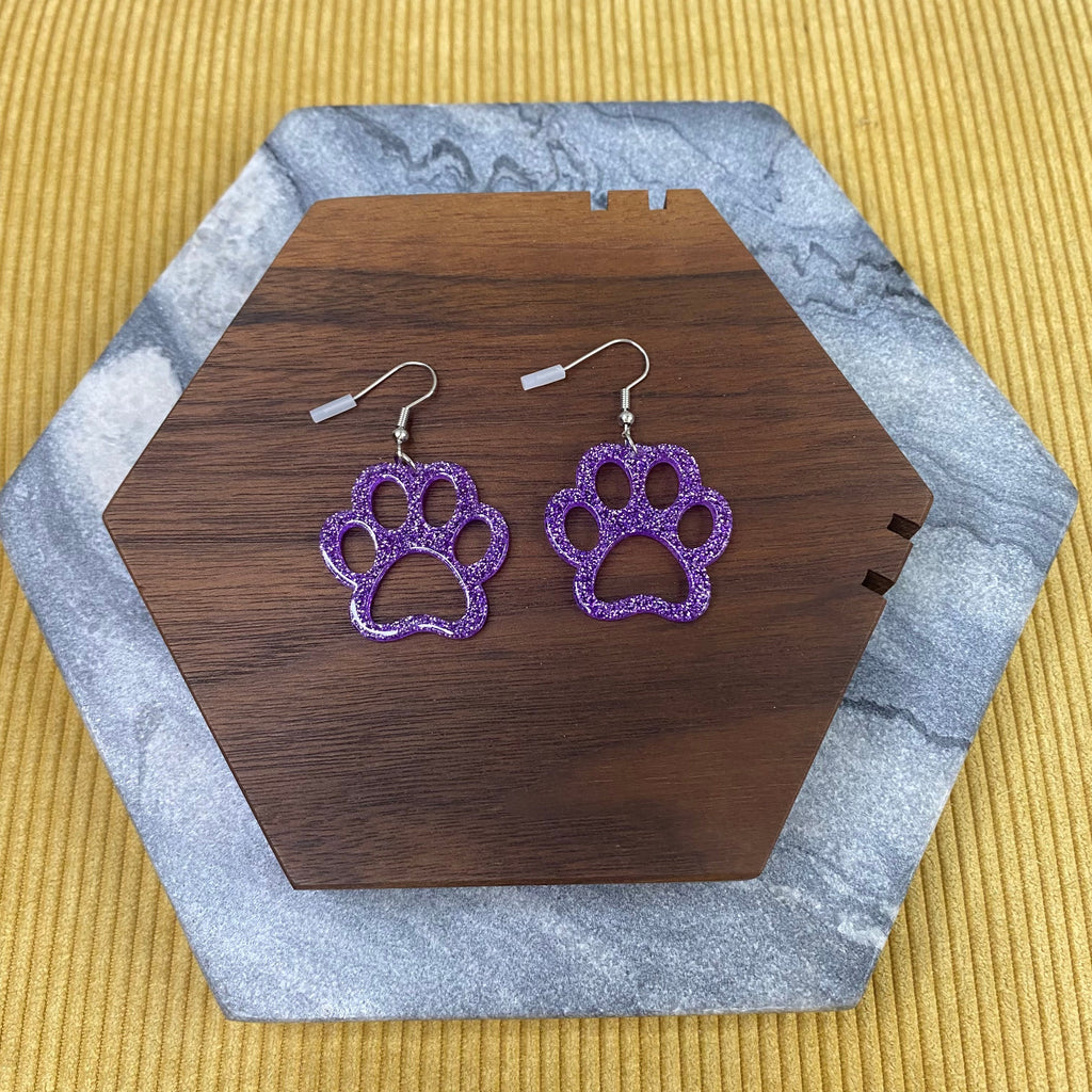 Acrylic Dangle Cutout Earrings - Purple Paw Print